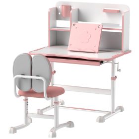 Qaba Height Adjustable Kids Desk and Chair Set for Writing Drawing w/ Tilt Desktop, Storage Drawer and Reading Rack, Pink