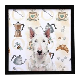 White Bull Terrier Coffee Bar Framed Metal Print Bathroom, Kitchen, Office, Home Decor Wall Art Ready to Hang, Square, 8X8