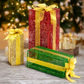 VINGLI Lighted Gift Boxes Set Of 3, Pre-lit Nestable Present Boxes Ornament With 90 LED Warm White Lights And Stakes For Christmas Outdoor Indoor (Option: As picture)