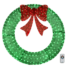 60in Pre-Lit Outdoor Christmas Wreath Decoration, LED Metal Holiday Decor For Home Exterior, Garden W  400 Lights, Bow - Green Red (Color: Green)